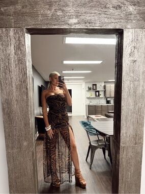 Strapless Tiger Print Maxi Dress with Side Slit - Black & Brown